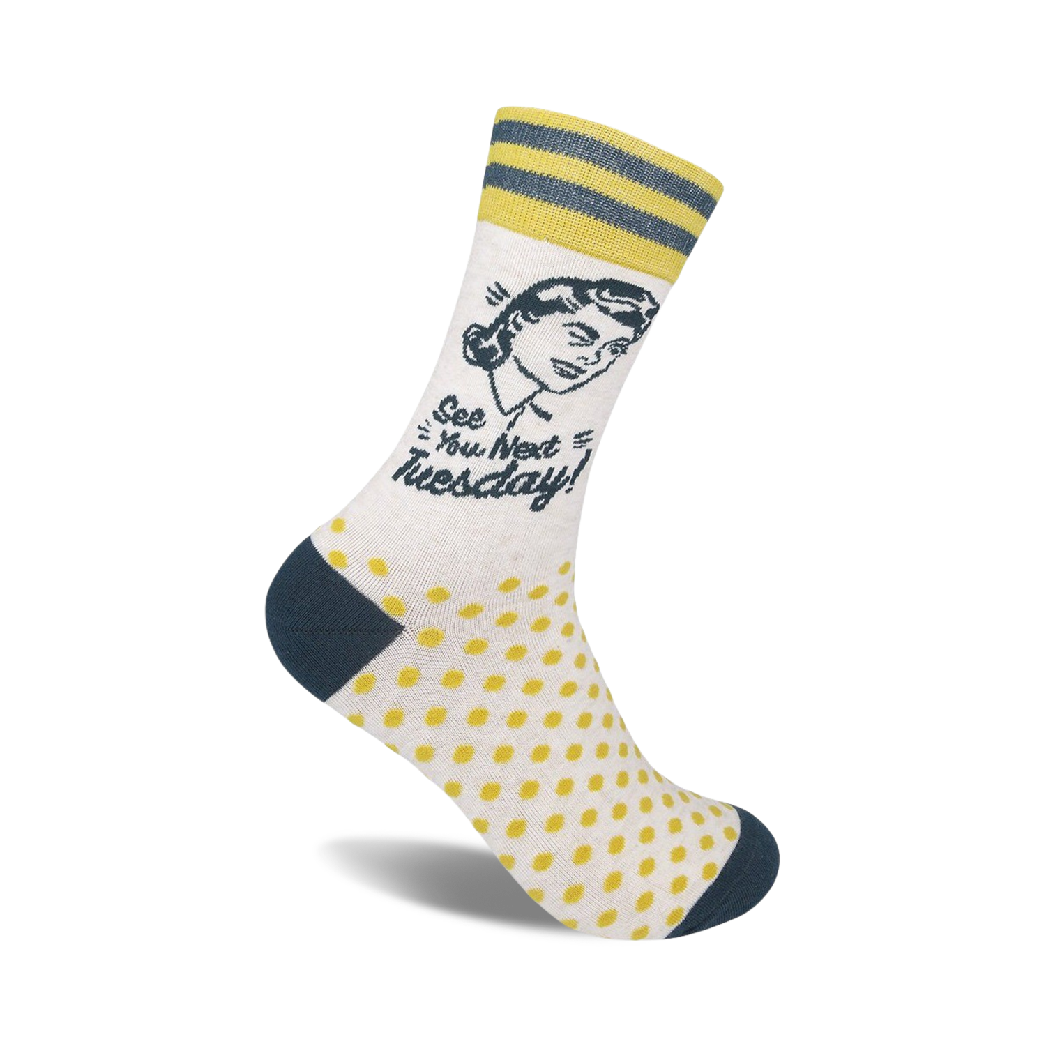 Cream crew socks with yellow polka dots, teal stripes, and a retro woman graphic with the text 'See You Next Tuesday!'