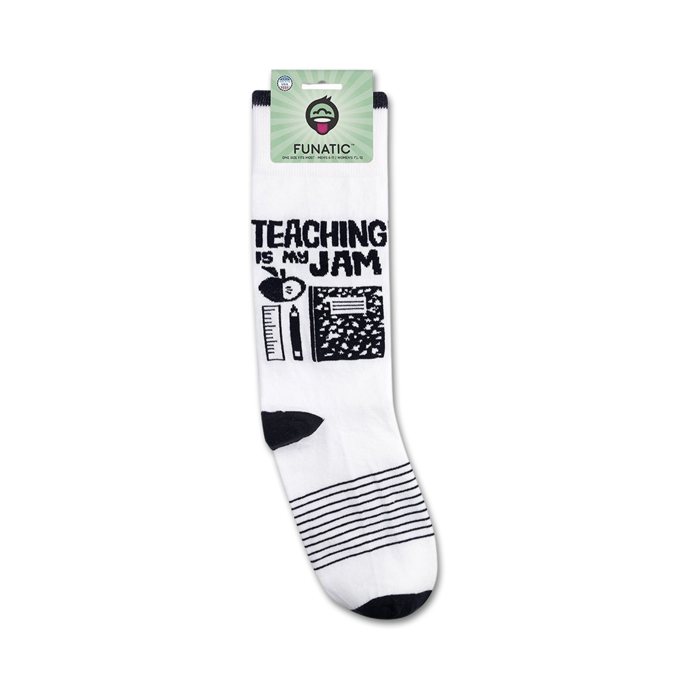 A product shot of 'Teaching Is My Jam' socks on a retail packaging card.