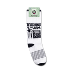 A product shot of 'Teaching Is My Jam' socks on a retail packaging card.