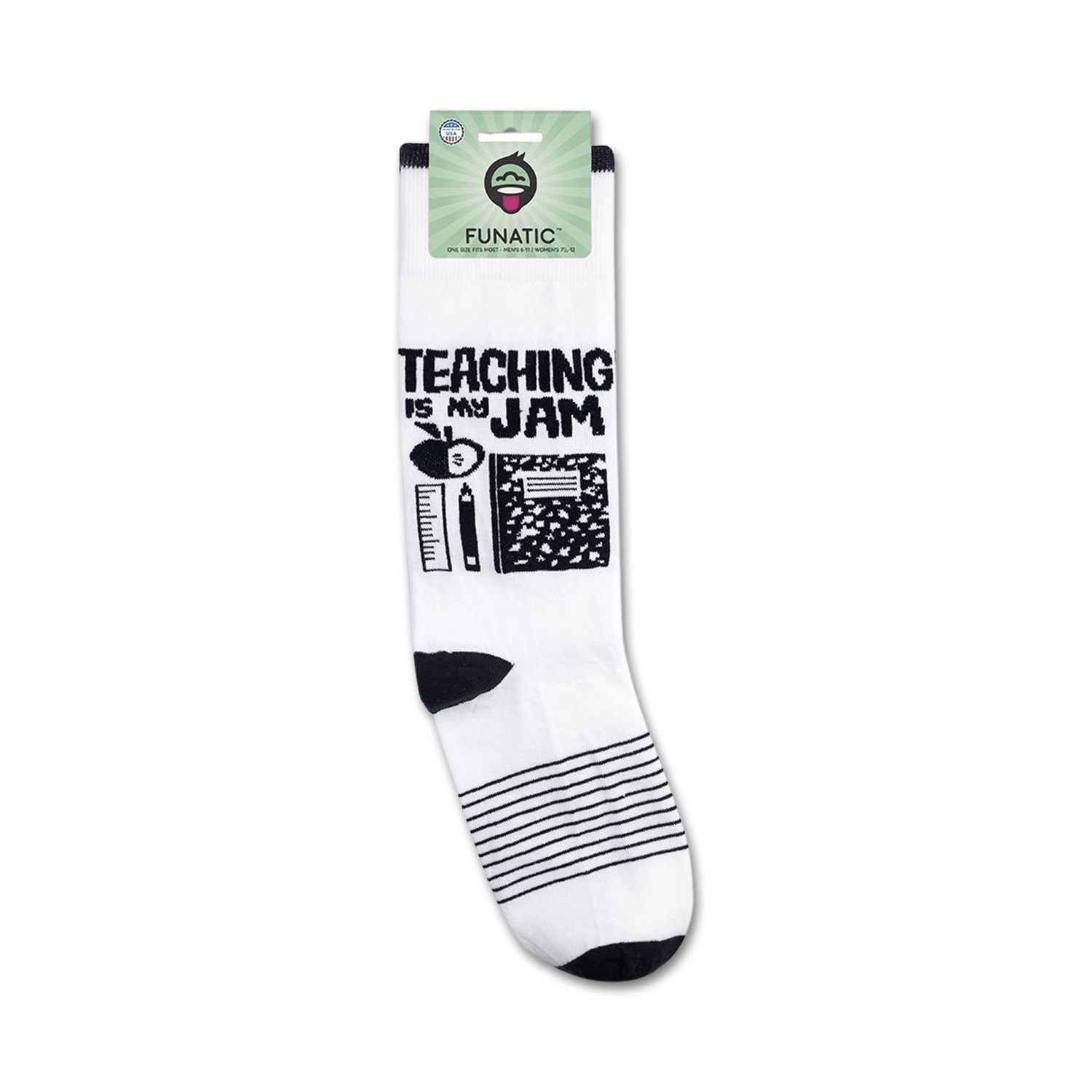 A product shot of 'Teaching Is My Jam' socks on a retail packaging card.