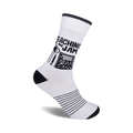 White crew socks with black stripes at the bottom and a design featuring black school supplies and the text 'Teaching Is My Jam'.