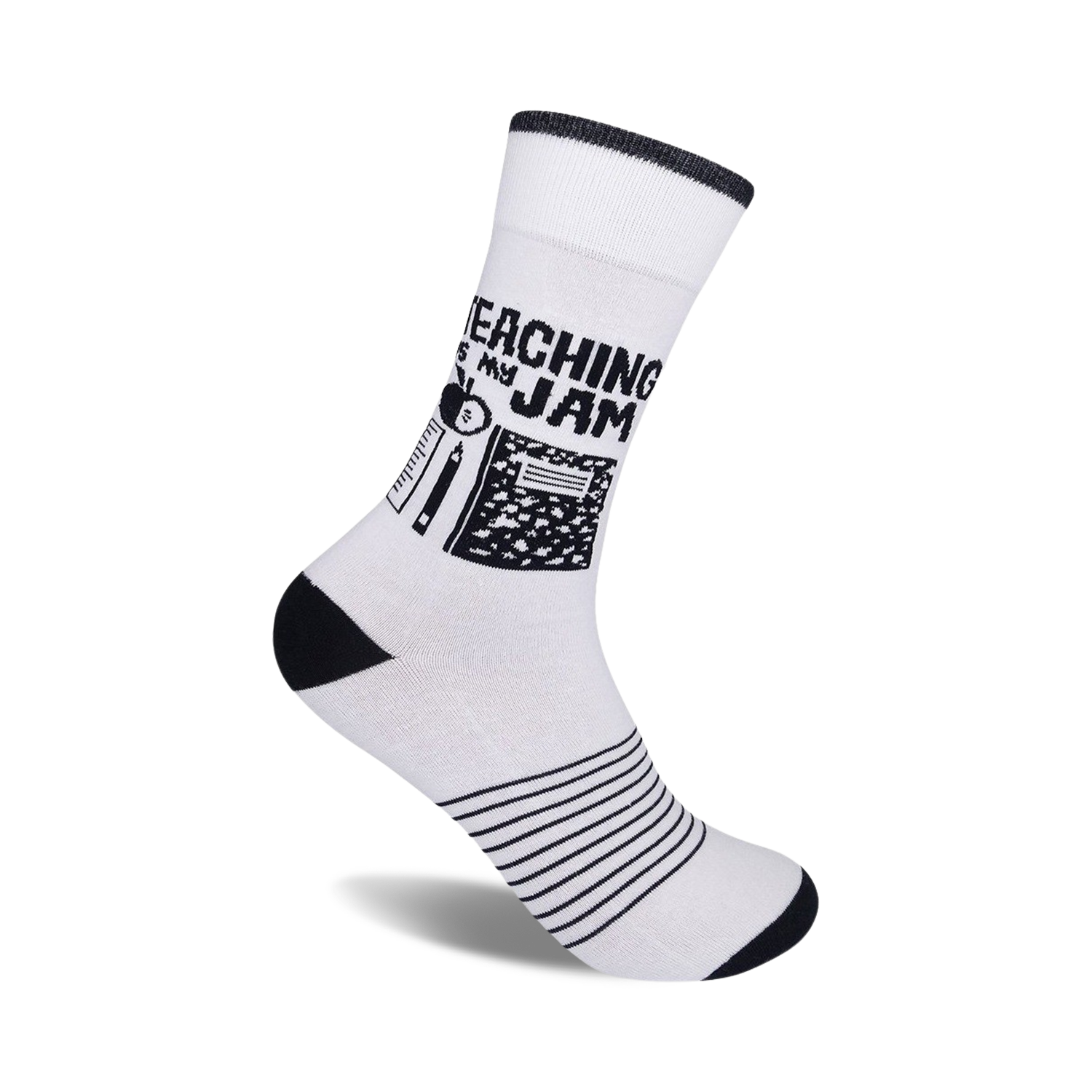 White crew socks with black stripes at the bottom and a design featuring black school supplies and the text 'Teaching Is My Jam'.