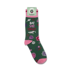 Product shot of 'Bat Shit Crazy' socks on packaging, showing the full sock design and branding.