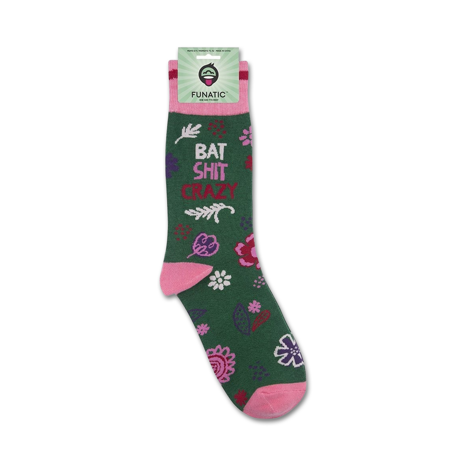 Product shot of 'Bat Shit Crazy' socks on packaging, showing the full sock design and branding.