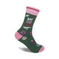 Green crew socks with pink accents. Features a playful 'Bat Shit Crazy' phrase and a whimsical floral pattern.