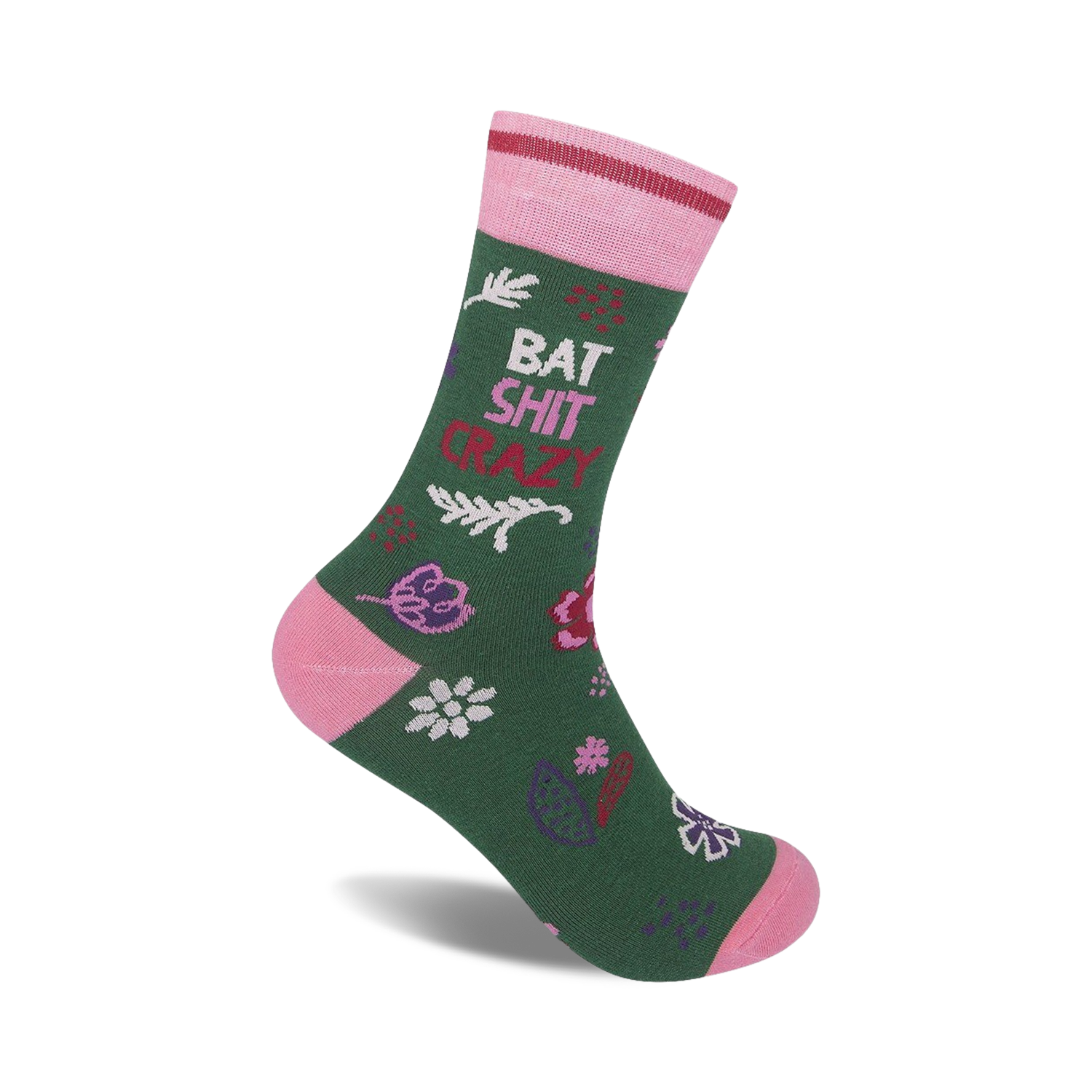 Green crew socks with pink accents. Features a playful 'Bat Shit Crazy' phrase and a whimsical floral pattern.