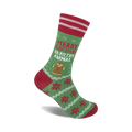 Crew socks in green with red accents. Features a gingerbread man and the phrase 'Merry Christmas Ya Filthy Animal'.