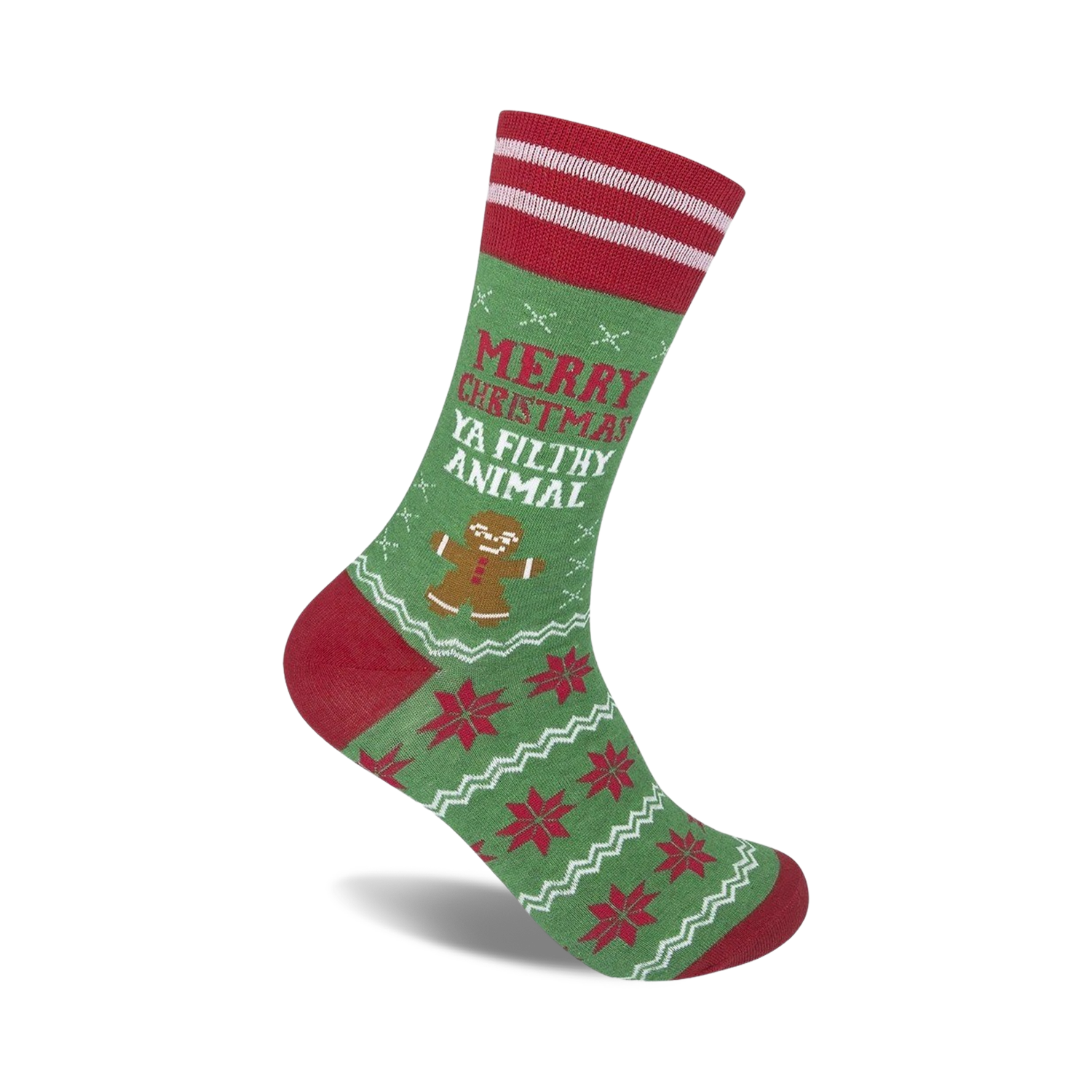 Crew socks in green with red accents. Features a gingerbread man and the phrase 'Merry Christmas Ya Filthy Animal'.