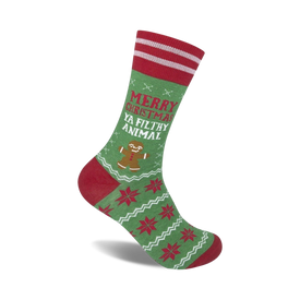 christmas crew socks in red and green feature 'merry christmas ya filthy animal' text with a candy cane striped top and a green snowflake background.  
