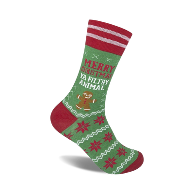 christmas crew socks in red and green feature 'merry christmas ya filthy animal' text with a candy cane striped top and a green snowflake background.  