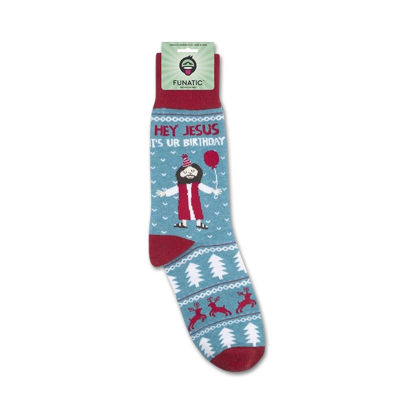 Close-up view of the 'Hey Jesus It's Ur Birthday' socks, showing the detail of the design and the packaging.