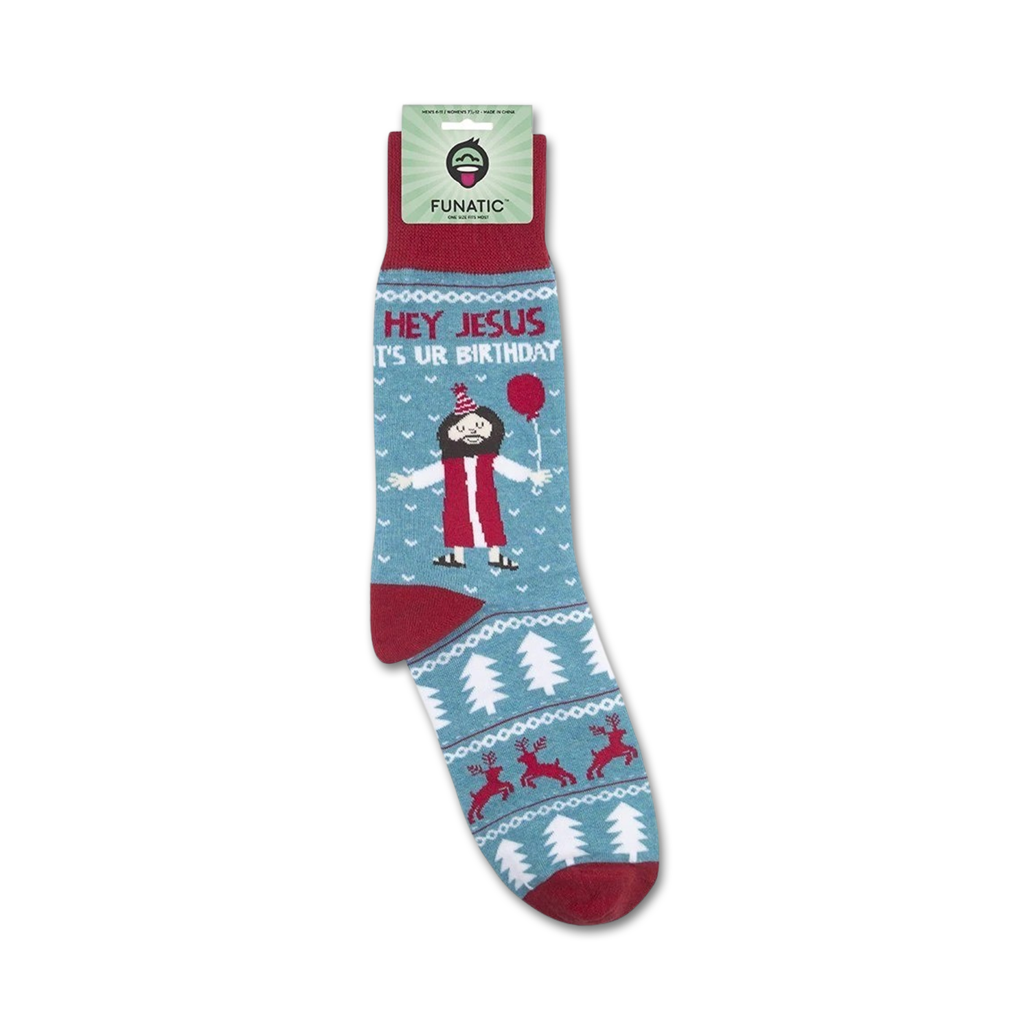 Close-up view of the 'Hey Jesus It's Ur Birthday' socks, showing the detail of the design and the packaging.