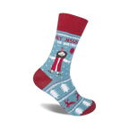 Crew socks in teal and red, featuring a cartoon Jesus with a party hat and balloon, surrounded by Christmas-themed designs.