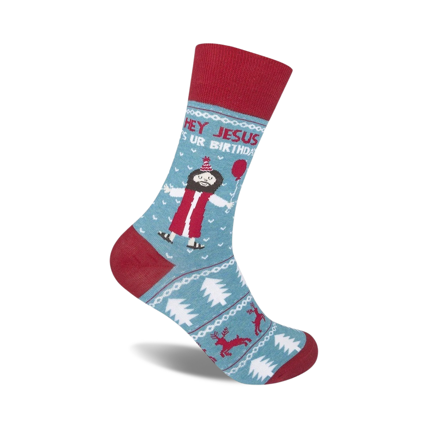 Crew socks in teal and red, featuring a cartoon Jesus with a party hat and balloon, surrounded by Christmas-themed designs.