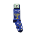 Package view of 'Let's Get Lit' Hanukkah socks, showing the full sock design and Funatic branding.