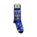 Package view of 'Let's Get Lit' Hanukkah socks, showing the full sock design and Funatic branding.