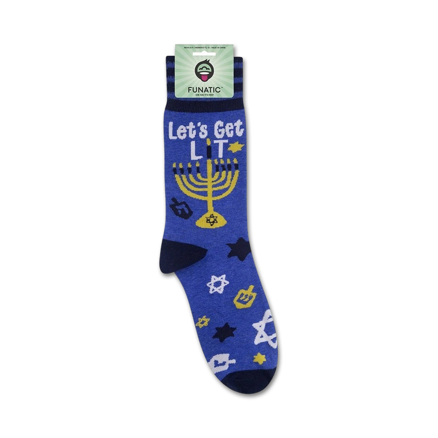 Package view of 'Let's Get Lit' Hanukkah socks, showing the full sock design and Funatic branding.