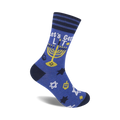 Blue crew socks with a Hanukkah theme.  Features a menorah, dreidels, stars of David, and the phrase 'Let's Get Lit'.