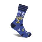 Blue crew socks with a Hanukkah theme.  Features a menorah, dreidels, stars of David, and the phrase 'Let's Get Lit'.