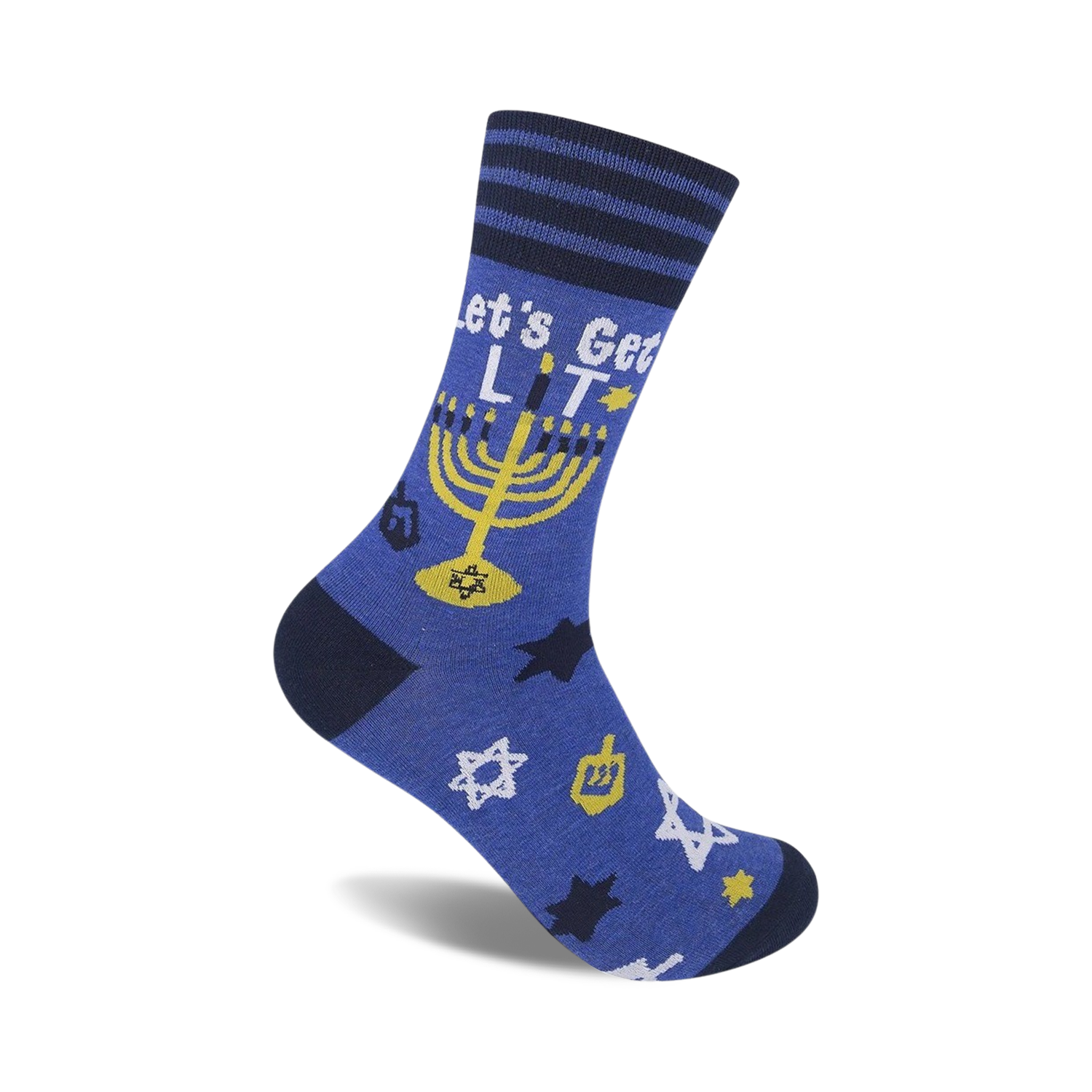 Blue crew socks with a Hanukkah theme.  Features a menorah, dreidels, stars of David, and the phrase 'Let's Get Lit'.