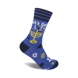 let's get lit hanukkah themed mens & womens unisex blue novelty crew socks