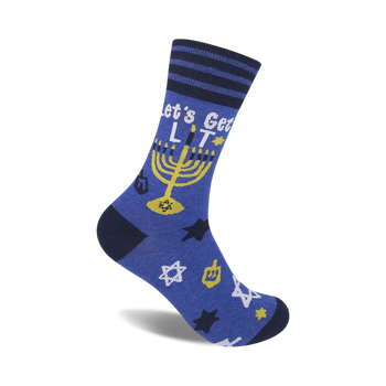 hanukkah-themed socks with menorahs, stars of david, and dreidels. let's get lit words displayed vertically. unisex crew socks.   