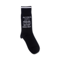 Close-up of the 'Alcohol Doesn't Solve Any Problems' sock, showing the detail of the text and the black and white color scheme.