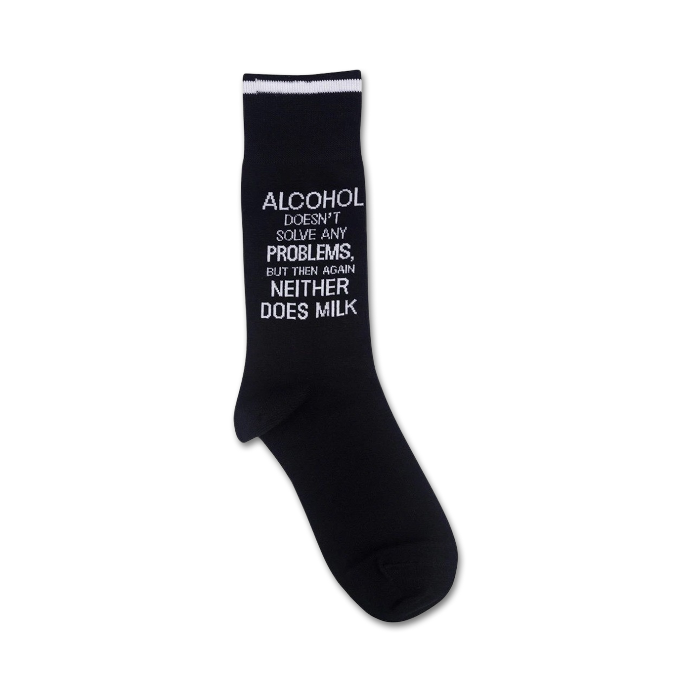 Close-up of the 'Alcohol Doesn't Solve Any Problems' sock, showing the detail of the text and the black and white color scheme.