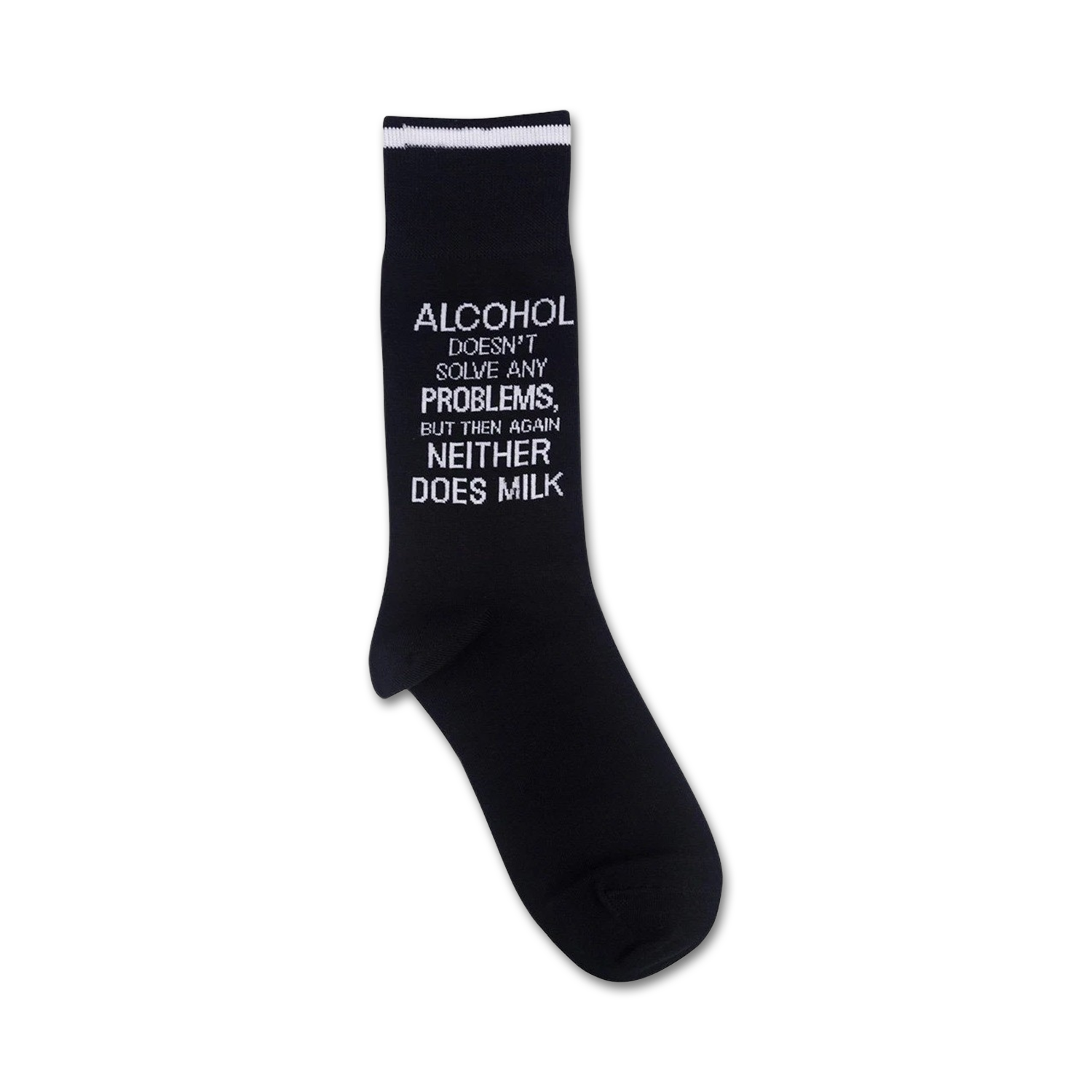 Close-up of the 'Alcohol Doesn't Solve Any Problems' sock, showing the detail of the text and the black and white color scheme.