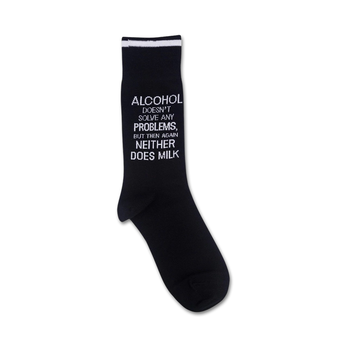 A black sock with white lettering that reads, 