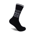 Black crew socks with a white slogan: 'Alcohol Doesn't Solve Any Problems, But Then Again Neither Does Milk'.