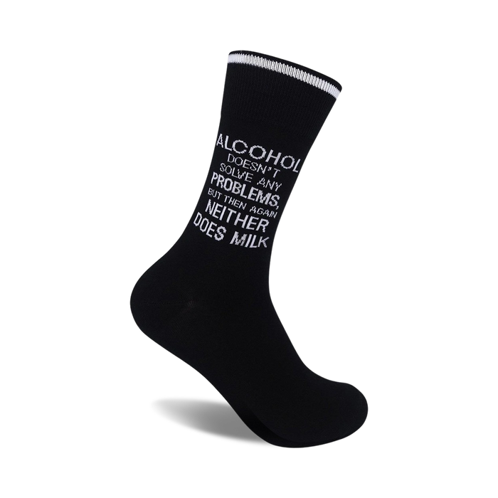 black socks with white text reading 