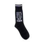 Close-up of 'Get Rich Slow' socks showcasing the detail of the text.