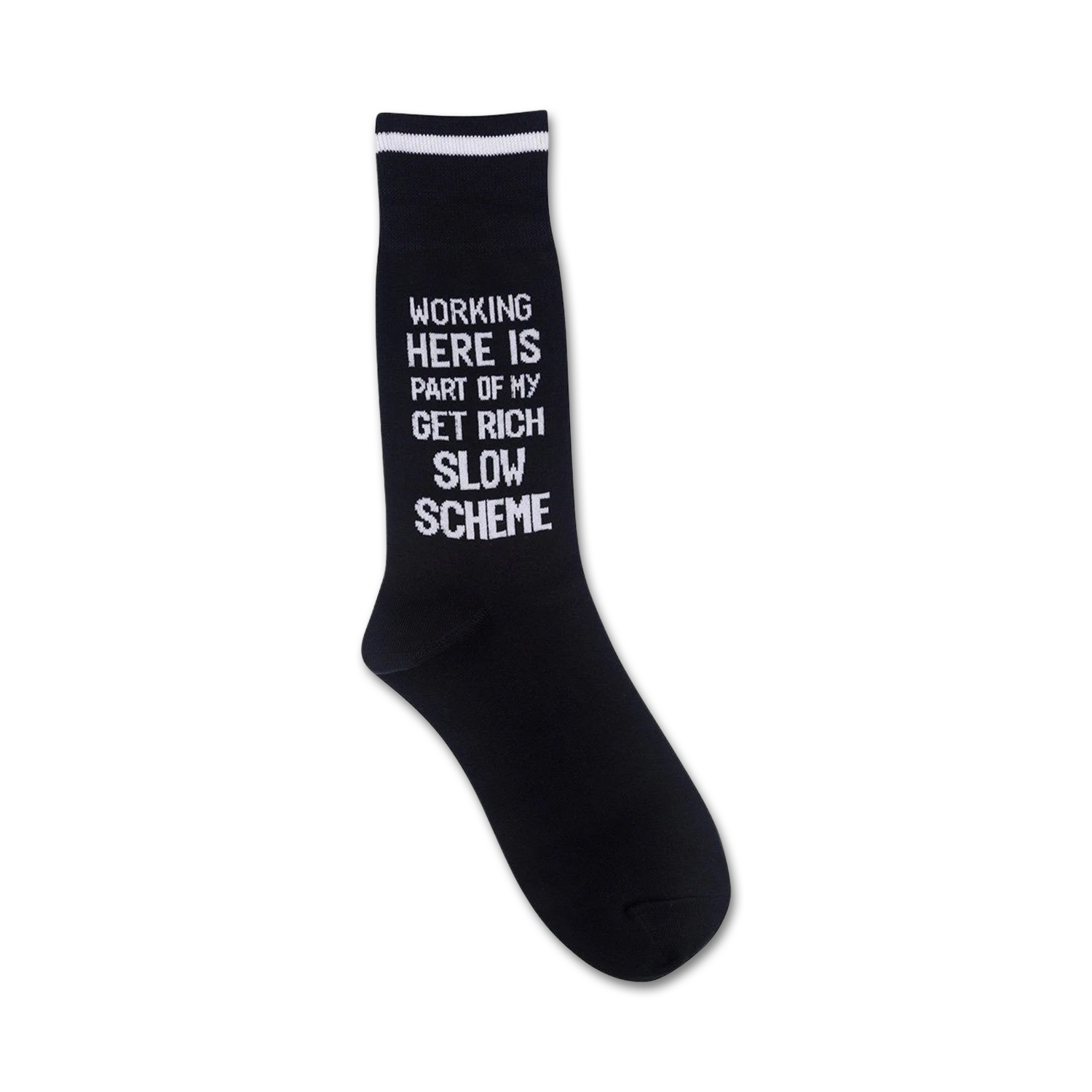 Close-up of 'Get Rich Slow' socks showcasing the detail of the text.