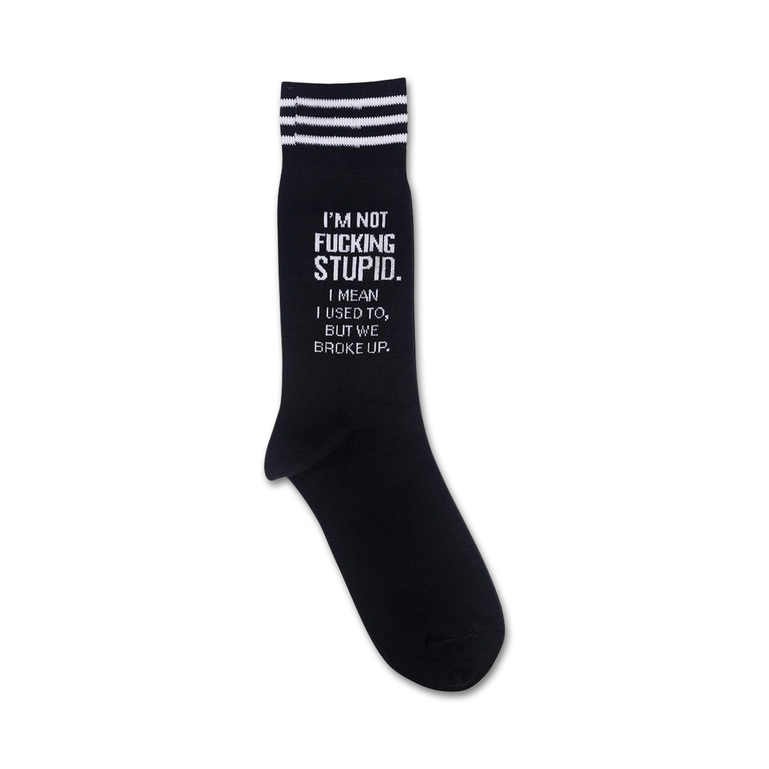 Close-up of the 'I'm Not Fucking Stupid' socks, showcasing the text detail and subtle stripes.