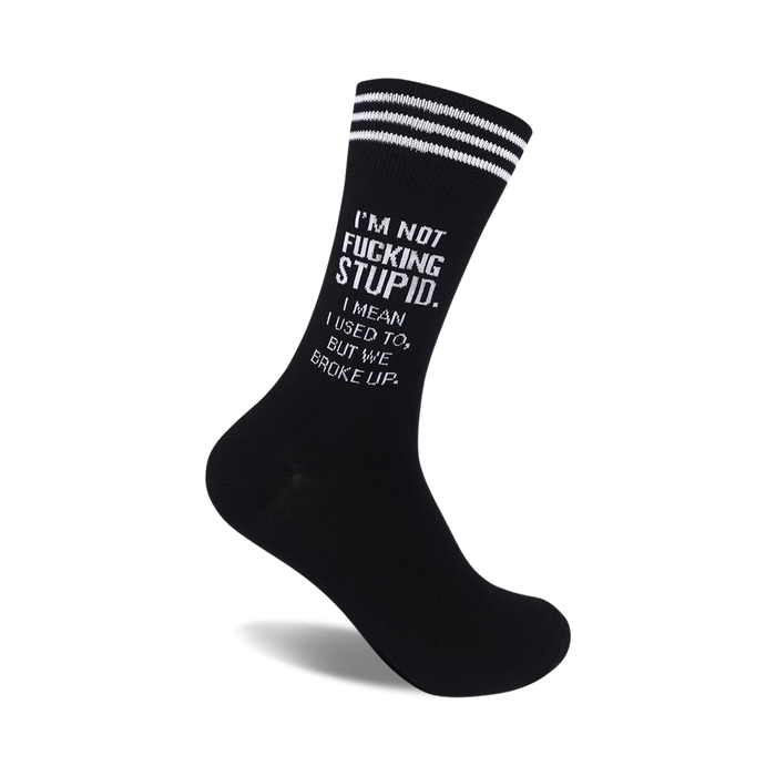 black crew socks with white text that reads: 