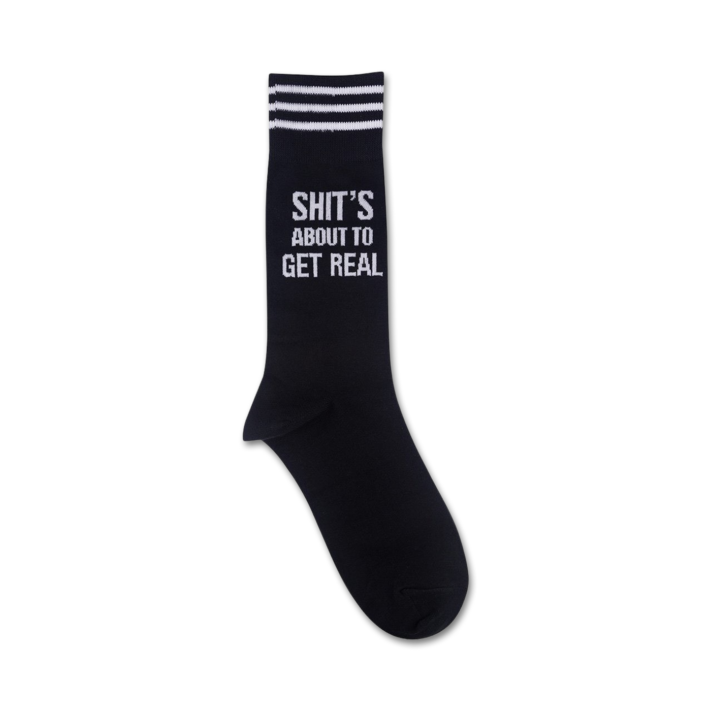 Close-up of 'Shit's About To Get Real' socks, showcasing the detail of the text and stripes.
