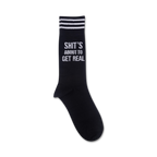 Close-up of 'Shit's About To Get Real' socks, showcasing the detail of the text and stripes.