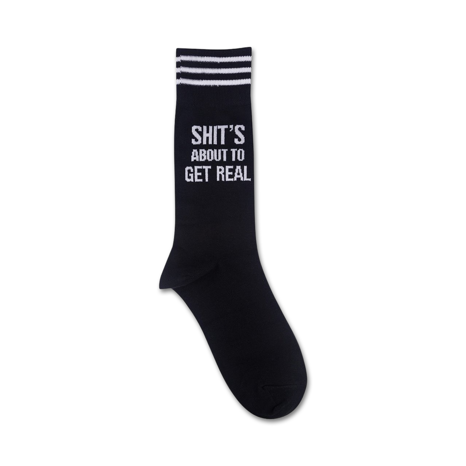 Close-up of 'Shit's About To Get Real' socks, showcasing the detail of the text and stripes.
