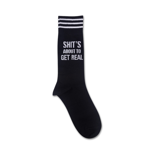 Close-up of 'Shit's About To Get Real' socks, showcasing the detail of the text and stripes.