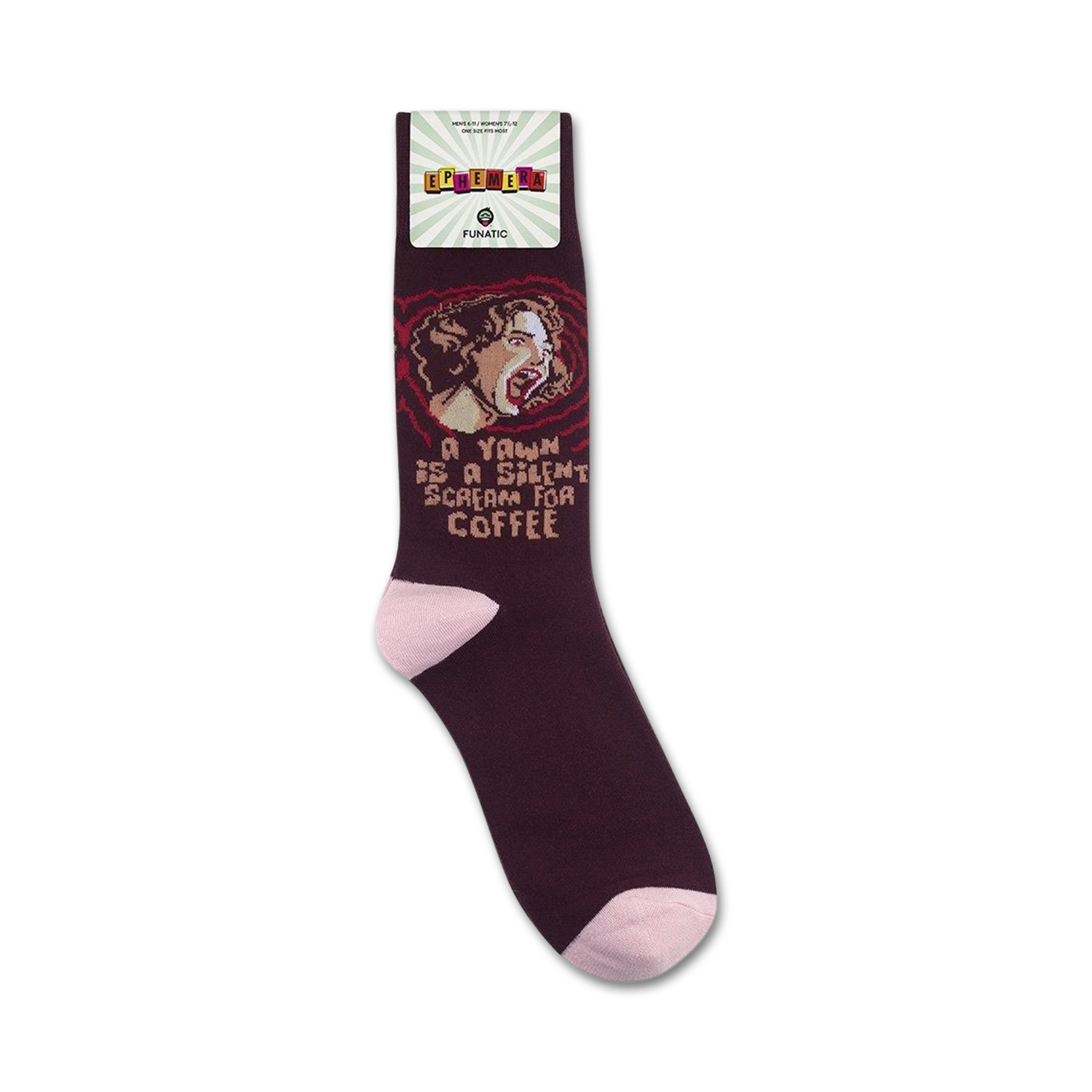 Lifestyle product shot showing maroon 'A Yawn Is A Silent Scream For Coffee' socks on a person's feet.