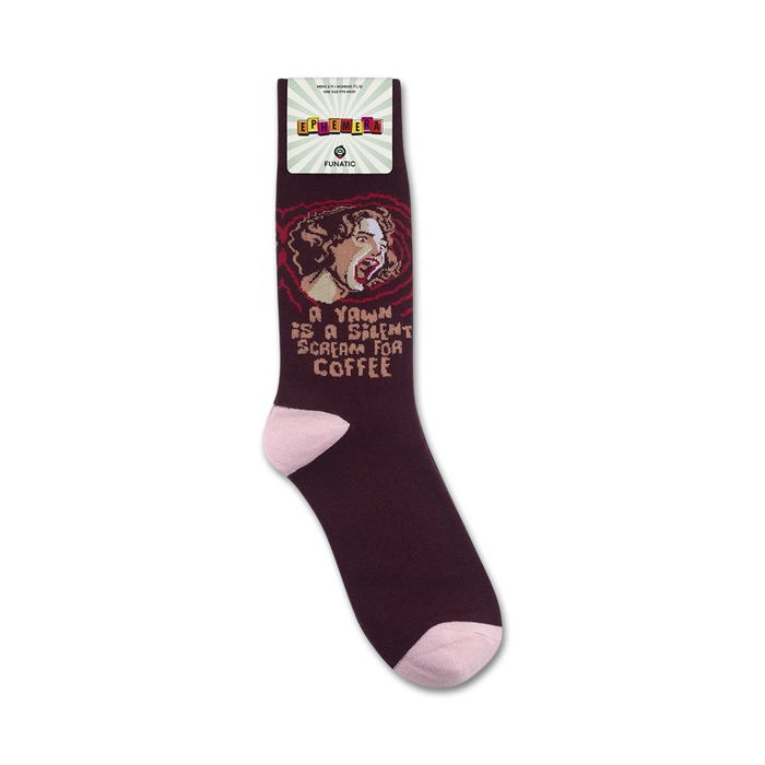 A pair of maroon socks with the text 