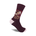 Maroon crew socks with a funny illustration of a person yawning and the text 'A yawn is a silent scream for coffee'.