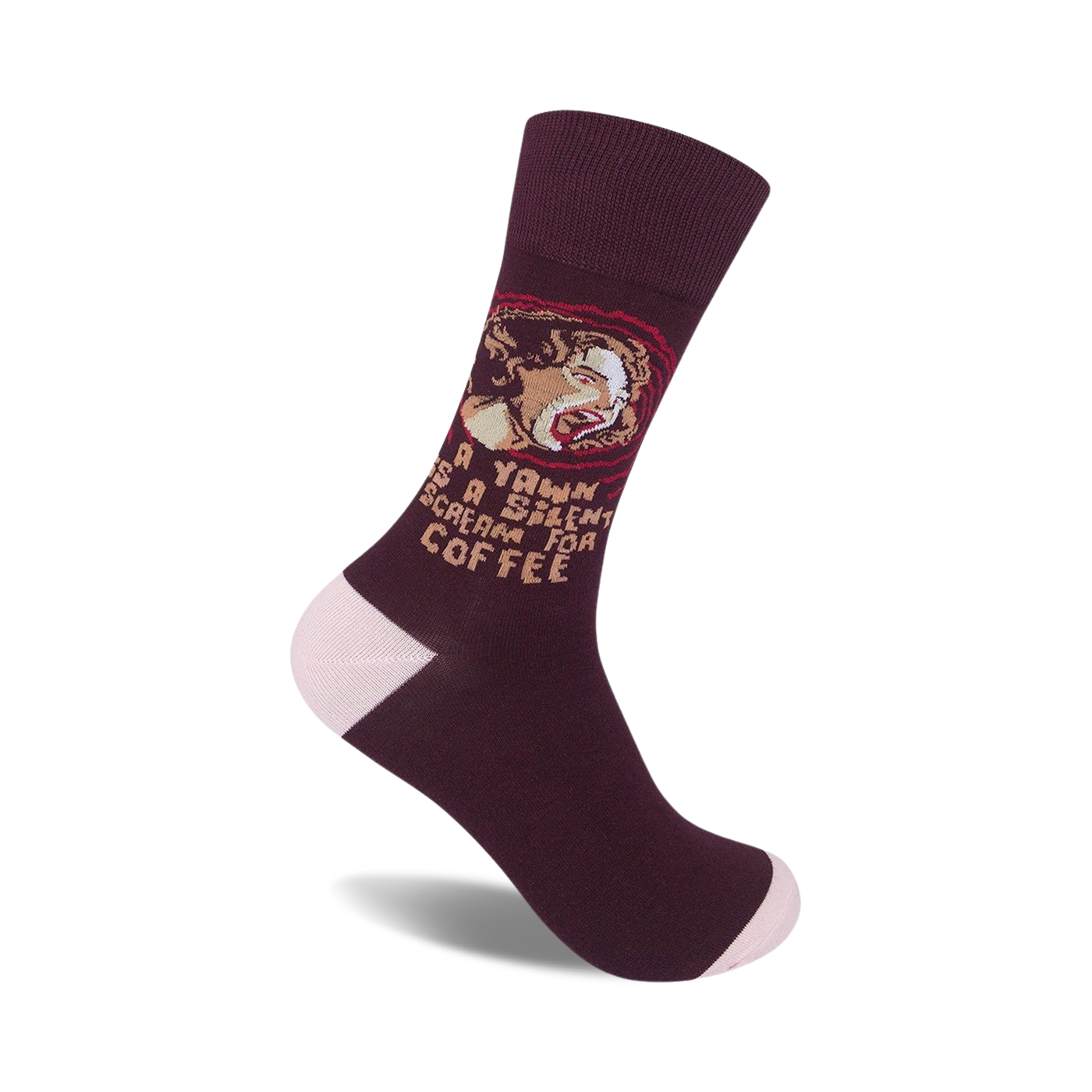 Maroon crew socks with a funny illustration of a person yawning and the text 'A yawn is a silent scream for coffee'.