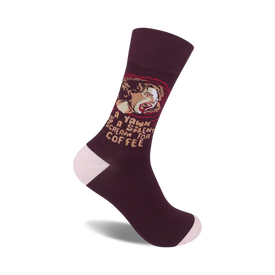 dark purple and light purple toe and heel crew socks featuring "a yawn is a silent scream for coffee" slogan   
