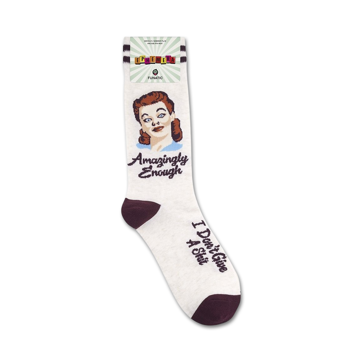 Product shot of 'Amazingly Enough' socks displayed on a white background. Shows sock's packaging.