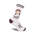 Cream crew socks with maroon stripes and a vintage illustration of a woman. Text reads 'Amazingly Enough' and 'I Don't Give A Shit'.