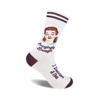 Cream crew socks with maroon stripes and a vintage illustration of a woman. Text reads 'Amazingly Enough' and 'I Don't Give A Shit'.