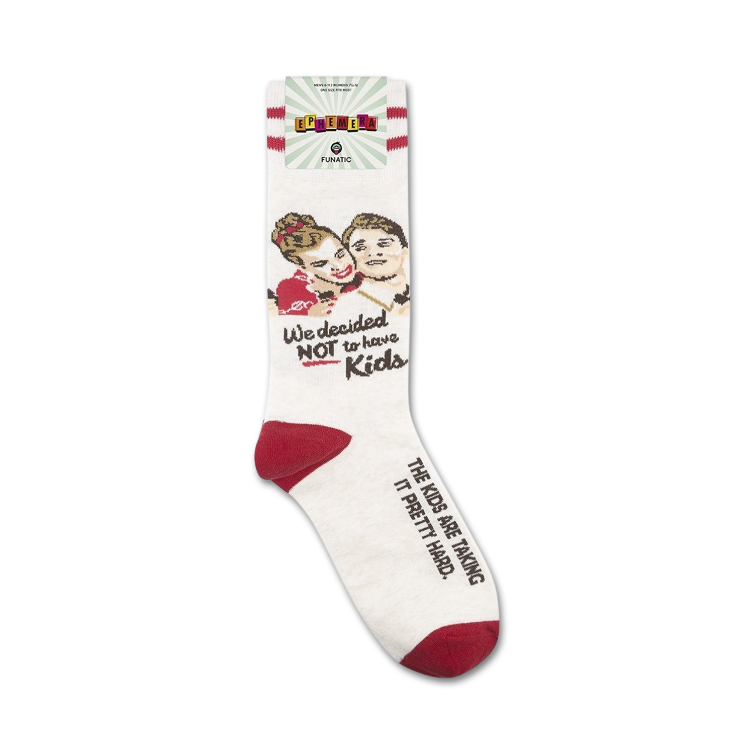 Product shot of 'We Decided Not To Have Kids' socks on their packaging. Shows the full sock design and branding.