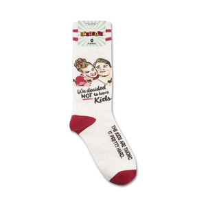 A pair of white socks with red toes, heels, and stripes at the top. The socks have a picture of a man and woman on them with the text 